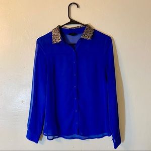 Royal blue blouse with sequined collar